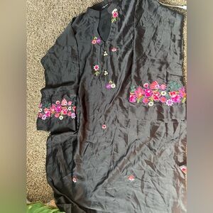Black silk kurti and trouser with colorful embroidery